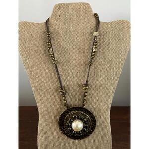 Vintage Victorian Revival Boho  Statement Black Crystal Pearl Medallion Necklace
